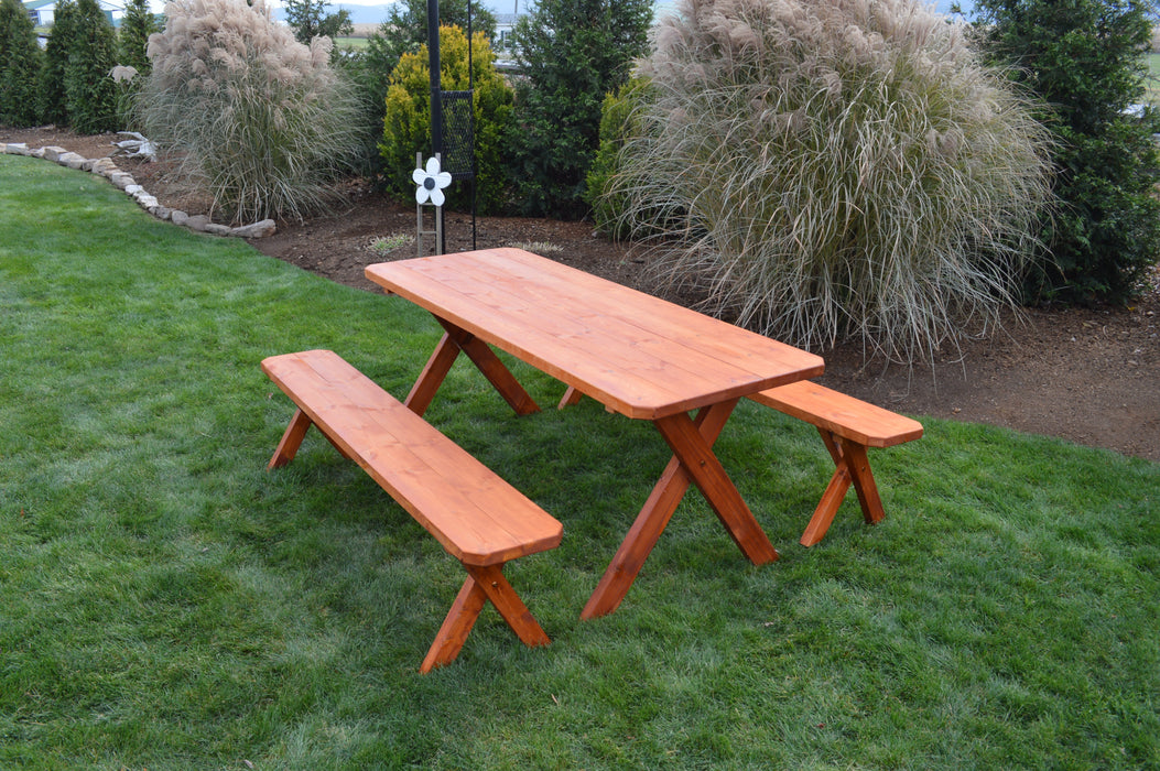 A&L Furniture Co. Cross-Legged Amish-Made Spruce Picnic Tables with Benches